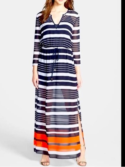 Michael Kors Navy, White And Orange Striped Maxi Dress